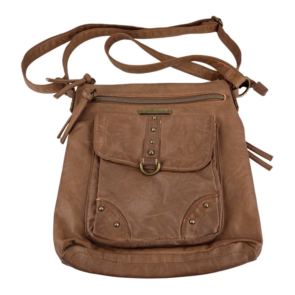 Stone & Co Womens Brown Faux Leather Crossbody Bag Studded Organizer Purse